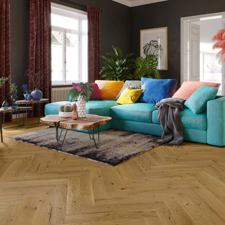 Schoolhouse Click Herringbone Smoked oak brushed and matt lacquered