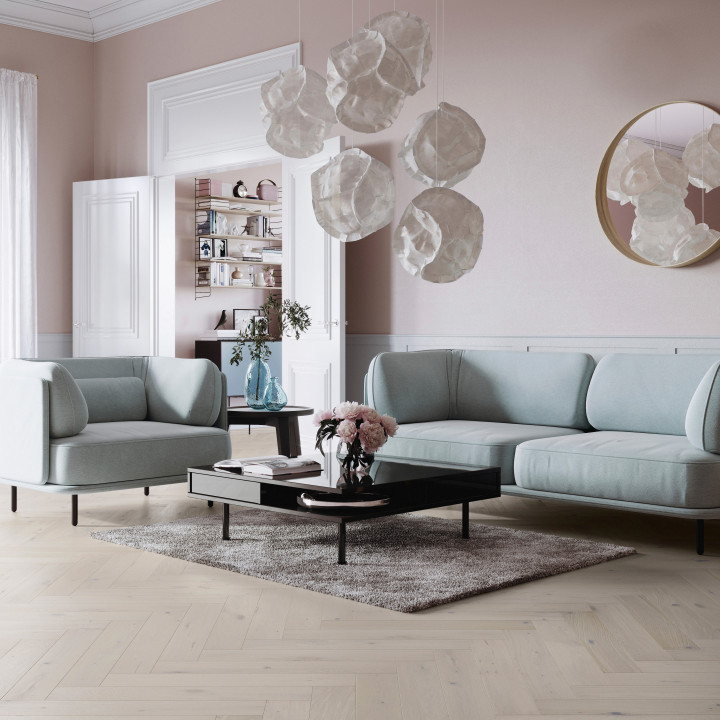 Schoolhouse Click Herringbone Brushed and Matt lacquered White Oak 