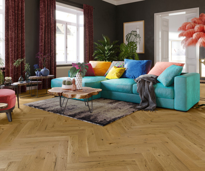 Schoolhouse Click Herringbone Smoked oak brushed and matt lacquered